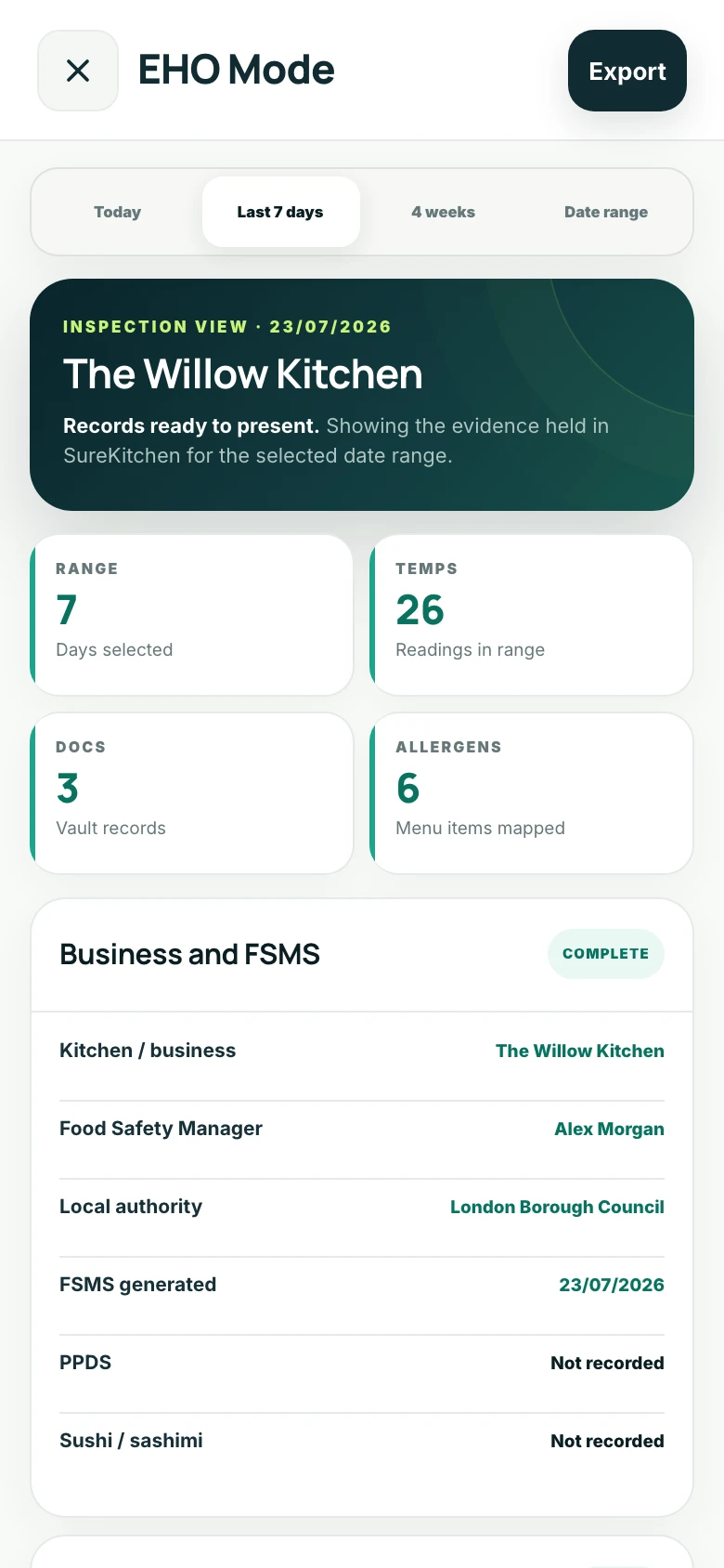 Current SureKitchen mobile EHO Mode inspection view