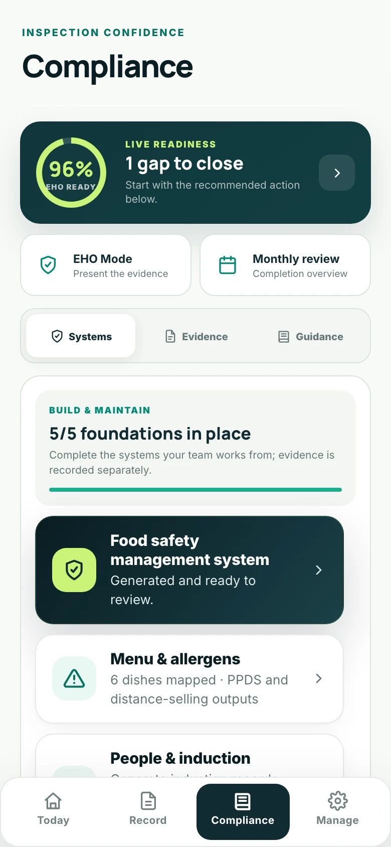 Current SureKitchen mobile compliance library screen