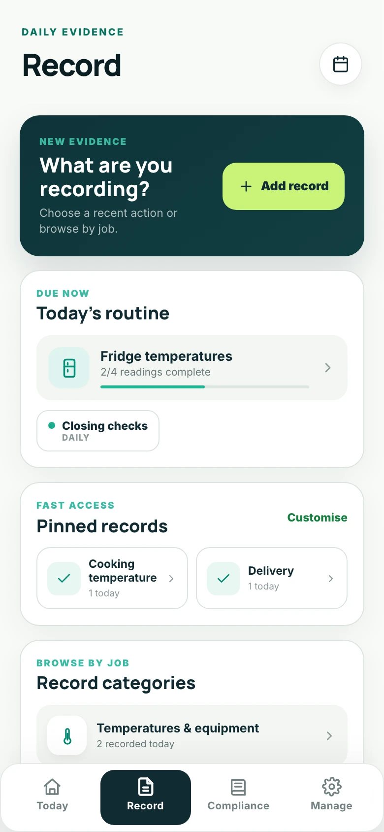 Current SureKitchen mobile operational records screen